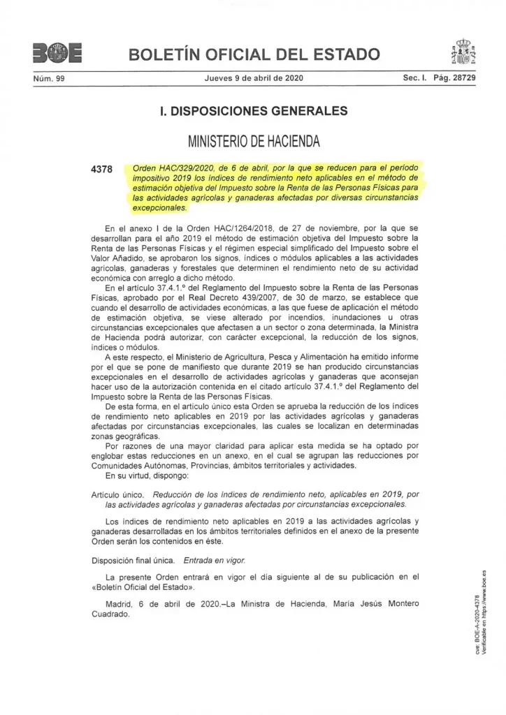 BOE sobre reducción fiscal agrícola 2019