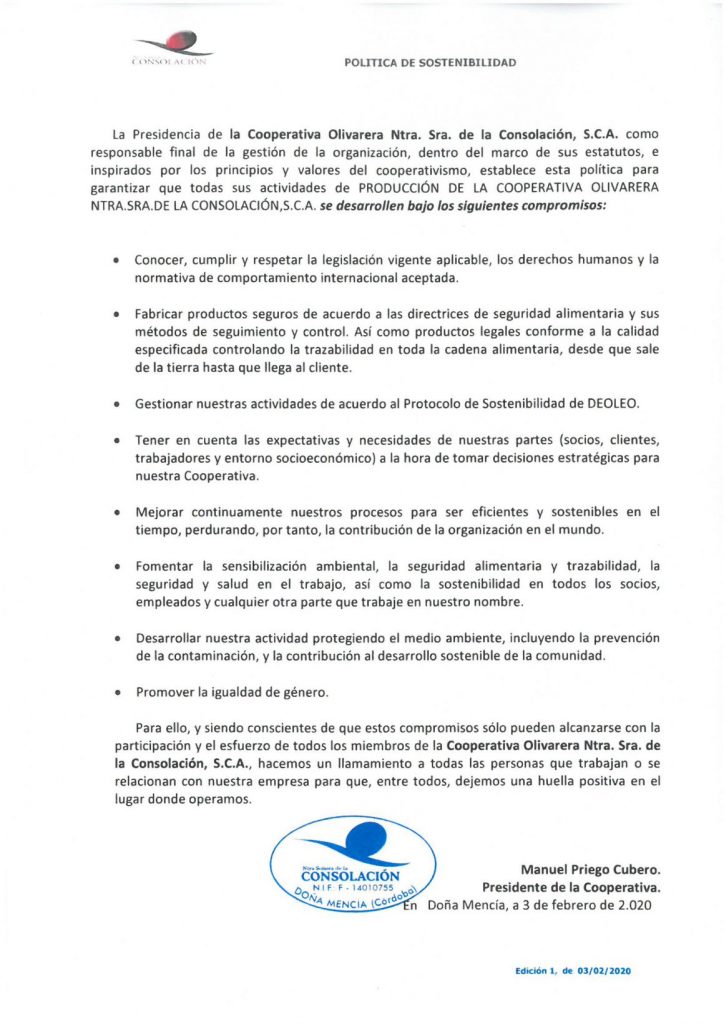 Documento Política de Sostenibilidad cooperativa olivarera